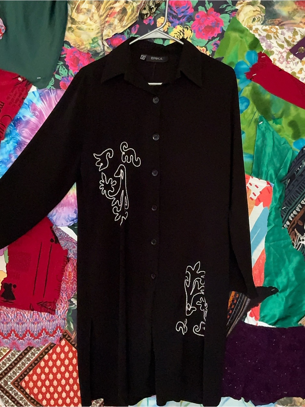ERKA Black Button-Front Long Shirt Coat with White Embroidery